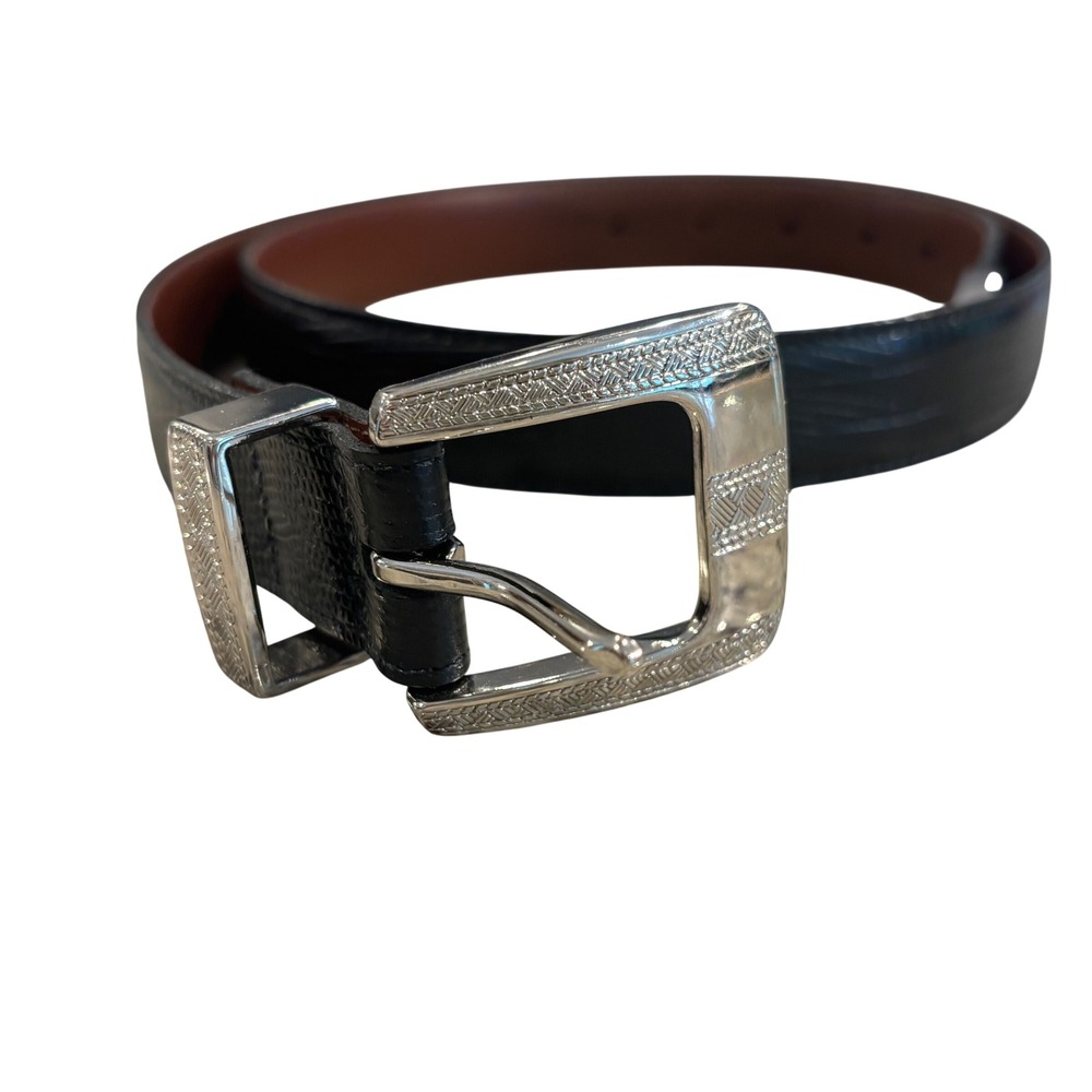 Paul Fredrick Mens Black Italian Embossed Calf Leather Belt Engraved Buckle 36